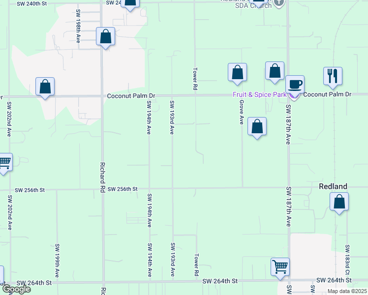 map of restaurants, bars, coffee shops, grocery stores, and more near 25255 Southwest 193rd Avenue in Homestead
