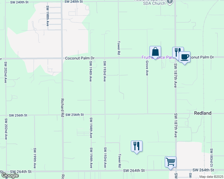 map of restaurants, bars, coffee shops, grocery stores, and more near 25255 Southwest 193rd Avenue in Homestead