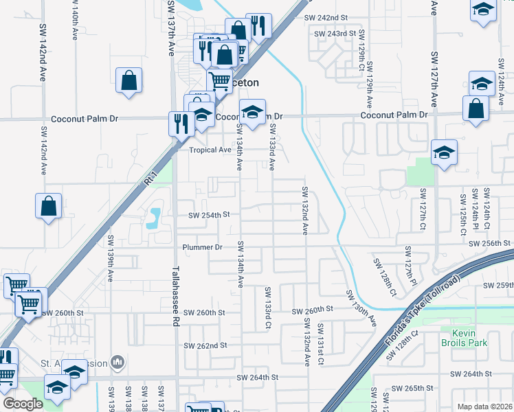 map of restaurants, bars, coffee shops, grocery stores, and more near 13355 Southwest 253rd Terrace in Homestead