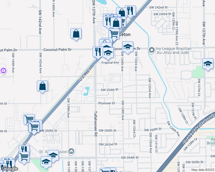 map of restaurants, bars, coffee shops, grocery stores, and more near 13501 Southwest 254th Street in Princeton