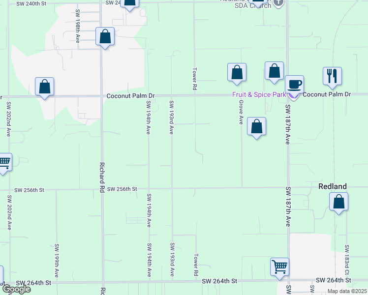 map of restaurants, bars, coffee shops, grocery stores, and more near 25255 Southwest 193rd Avenue in Homestead