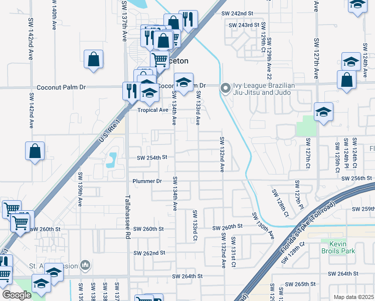 map of restaurants, bars, coffee shops, grocery stores, and more near 13355 Southwest 253rd Terrace in Homestead
