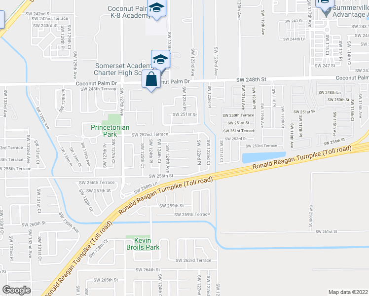 map of restaurants, bars, coffee shops, grocery stores, and more near 12335 Southwest 253rd Terrace in Princeton