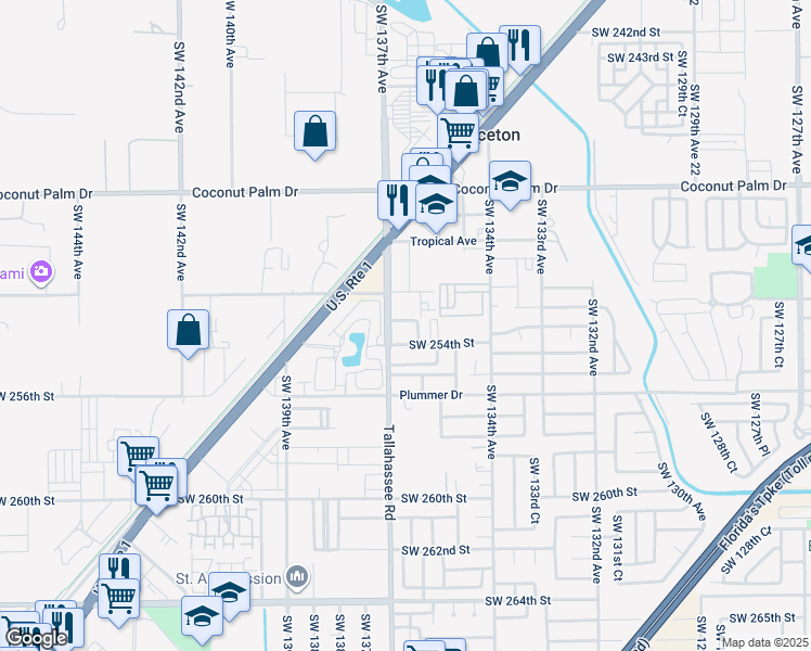 map of restaurants, bars, coffee shops, grocery stores, and more near 13590 Southwest 253rd Street in Homestead