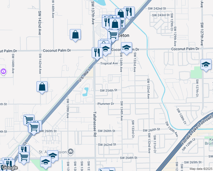map of restaurants, bars, coffee shops, grocery stores, and more near 13501 Southwest 254th Street in Princeton