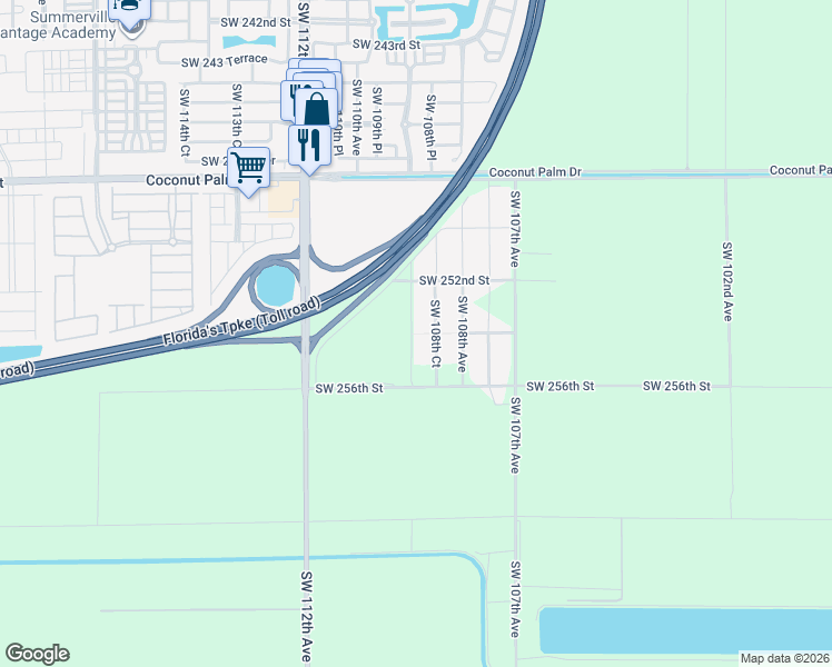 map of restaurants, bars, coffee shops, grocery stores, and more near 11484 Southwest 254th Street in Homestead
