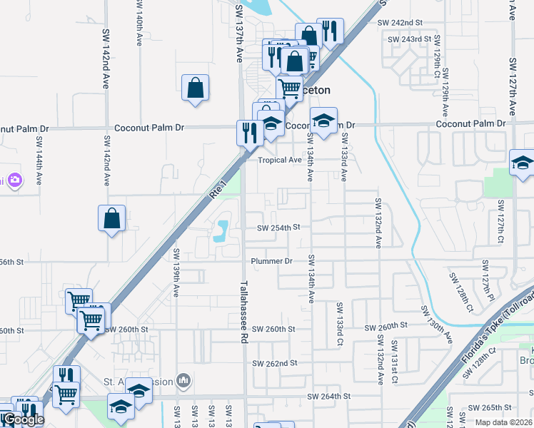 map of restaurants, bars, coffee shops, grocery stores, and more near 13590 Southwest 253rd Street in Homestead