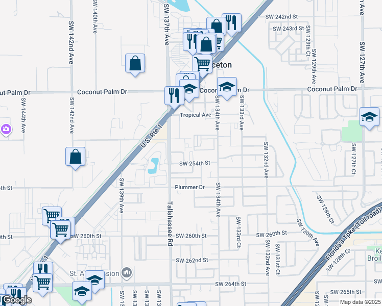 map of restaurants, bars, coffee shops, grocery stores, and more near 13501 Southwest 254th Street in Princeton