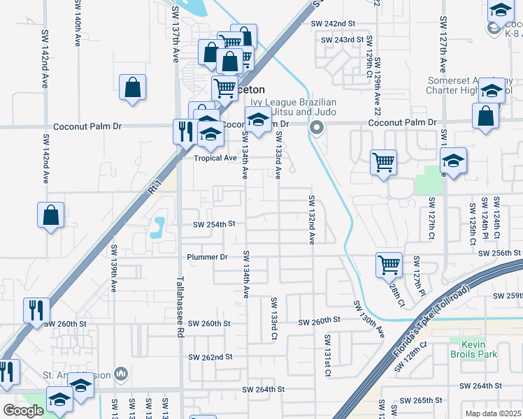 map of restaurants, bars, coffee shops, grocery stores, and more near 13355 Southwest 253rd Terrace in Homestead