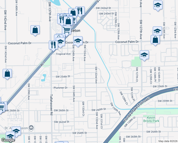map of restaurants, bars, coffee shops, grocery stores, and more near 13256 Southwest 253rd Terrace in Princeton