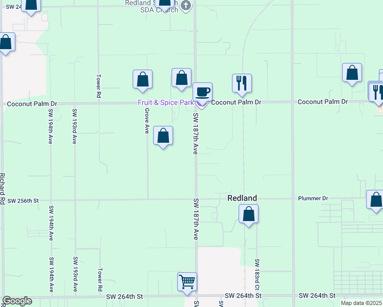 map of restaurants, bars, coffee shops, grocery stores, and more near 25200 Southwest 187th Avenue in Homestead