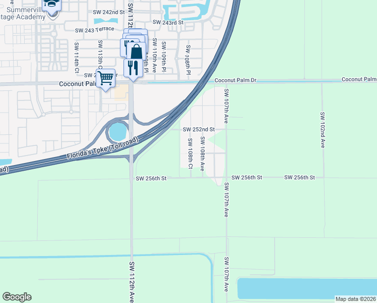 map of restaurants, bars, coffee shops, grocery stores, and more near 25380 Southwest 108th Court in Homestead