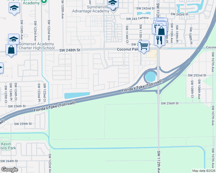 map of restaurants, bars, coffee shops, grocery stores, and more near 11562 Southwest 254th Street in Homestead