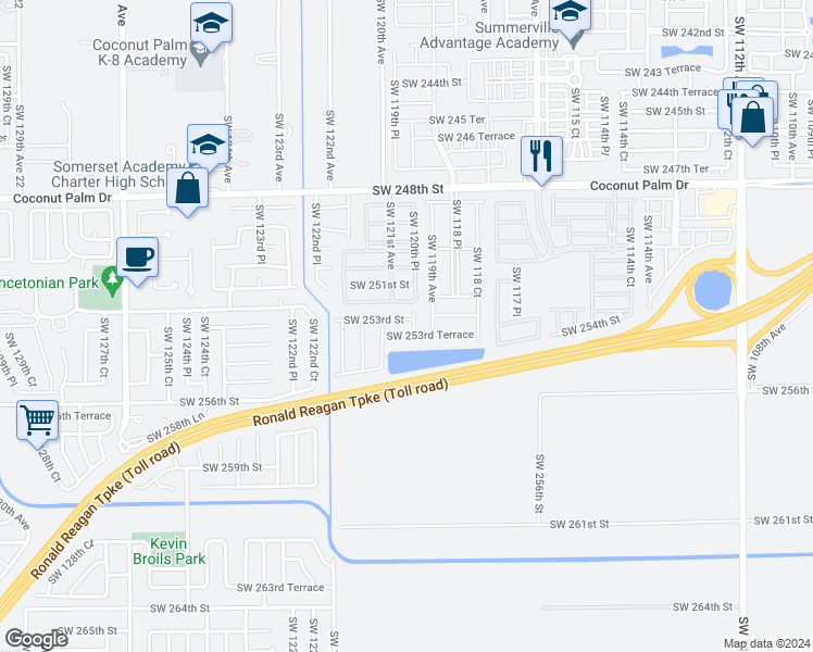 map of restaurants, bars, coffee shops, grocery stores, and more near 11940 Southwest 253rd Street in Homestead