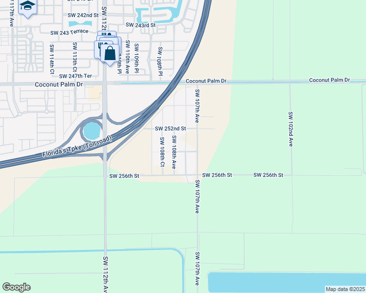 map of restaurants, bars, coffee shops, grocery stores, and more near 10760 Southwest 254th Street in Homestead