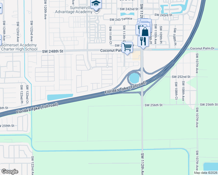 map of restaurants, bars, coffee shops, grocery stores, and more near 11484 Southwest 254th Street in Homestead