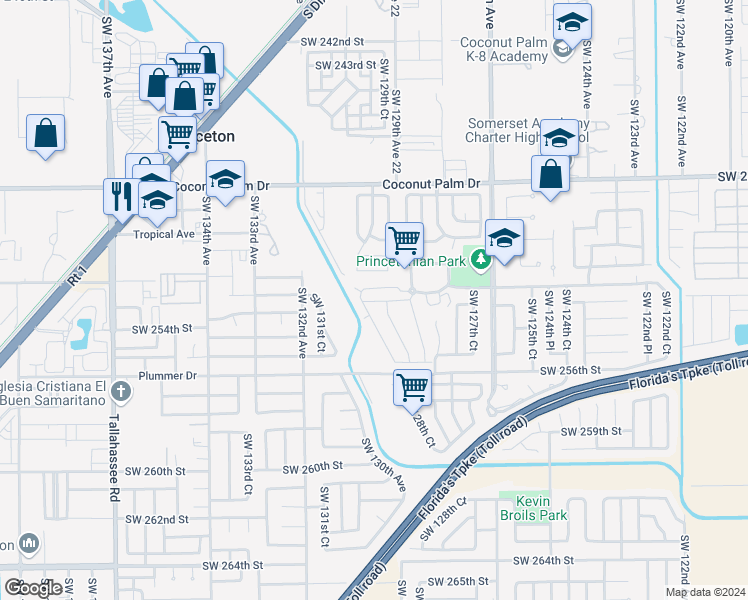 map of restaurants, bars, coffee shops, grocery stores, and more near 25355 Southwest 129th Place in Homestead