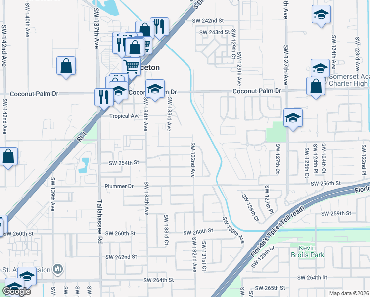 map of restaurants, bars, coffee shops, grocery stores, and more near 13256 Southwest 253rd Terrace in Princeton