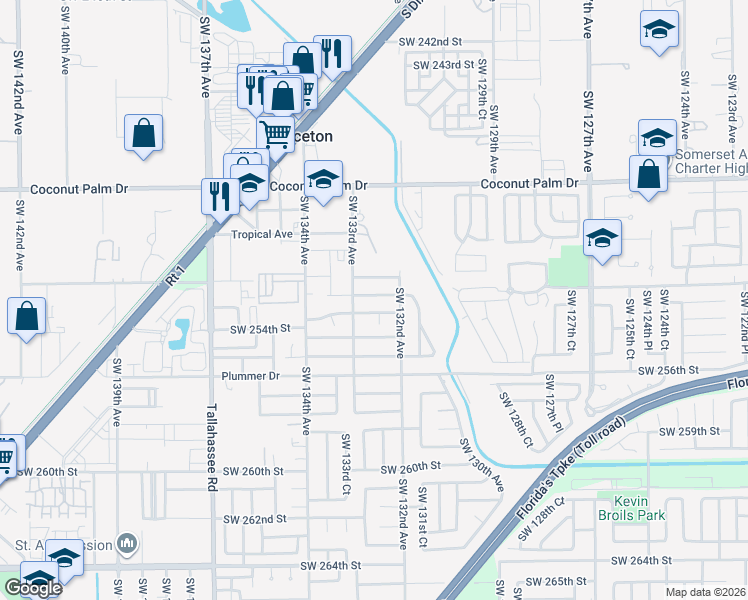 map of restaurants, bars, coffee shops, grocery stores, and more near 13256 Southwest 253rd Terrace in Princeton