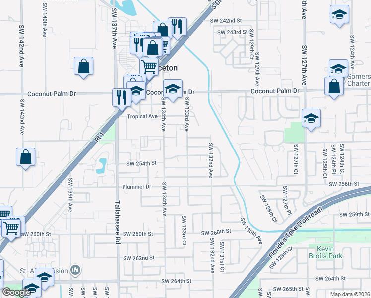map of restaurants, bars, coffee shops, grocery stores, and more near 13355 Southwest 253rd Terrace in Homestead
