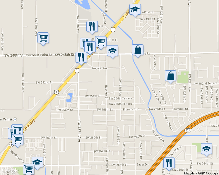 map of restaurants, bars, coffee shops, grocery stores, and more near 13355 Southwest 253rd Terrace in Homestead