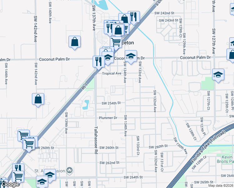 map of restaurants, bars, coffee shops, grocery stores, and more near 13501 Southwest 254th Street in Princeton