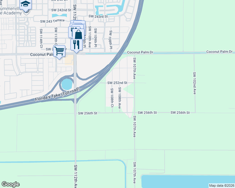 map of restaurants, bars, coffee shops, grocery stores, and more near 25380 Southwest 108th Court in Homestead