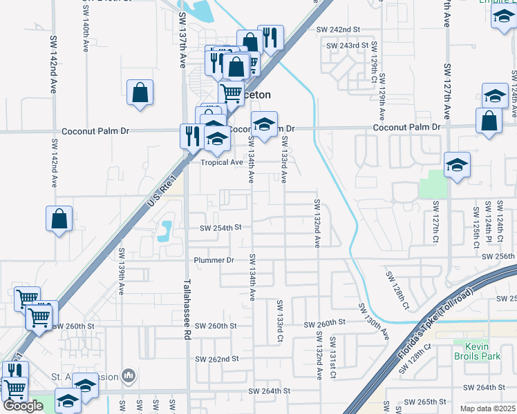 map of restaurants, bars, coffee shops, grocery stores, and more near 13355 Southwest 253rd Terrace in Homestead