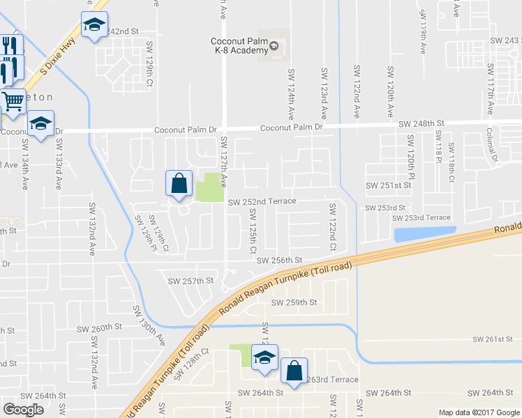 map of restaurants, bars, coffee shops, grocery stores, and more near 25310 Southwest 124th Place in Homestead