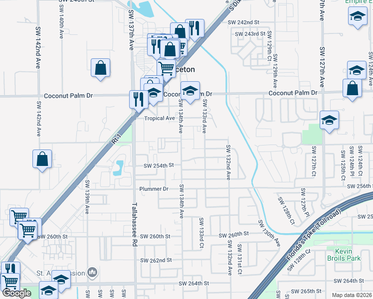 map of restaurants, bars, coffee shops, grocery stores, and more near 13355 Southwest 253rd Terrace in Homestead