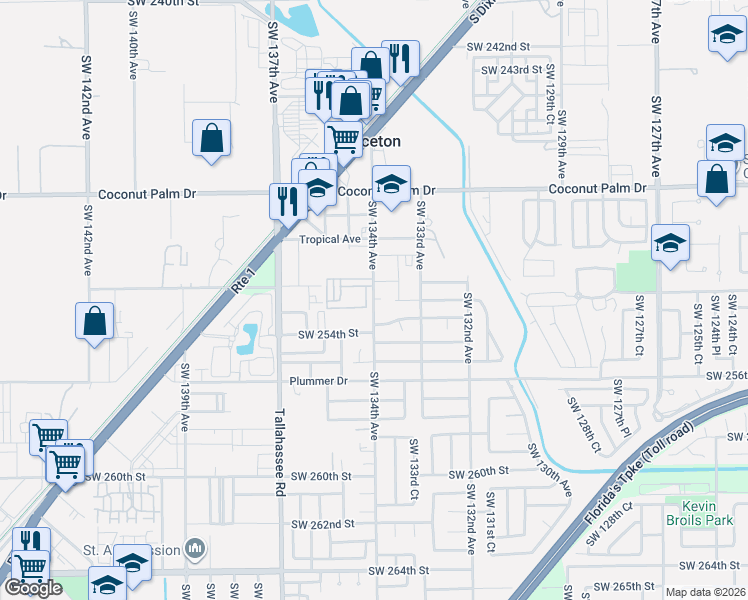 map of restaurants, bars, coffee shops, grocery stores, and more near 25163 Southwest 134th Court in Princeton