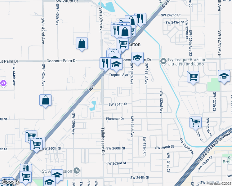 map of restaurants, bars, coffee shops, grocery stores, and more near 13500 Southwest 252nd Street in Homestead