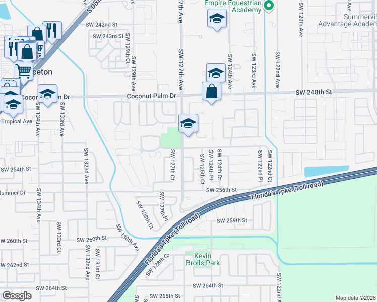 map of restaurants, bars, coffee shops, grocery stores, and more near 12601 Southwest 252nd Terrace in Homestead