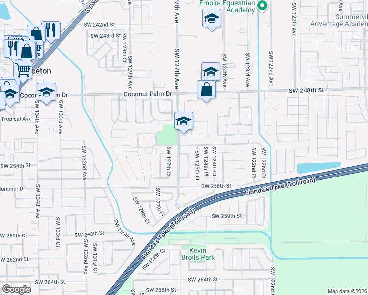 map of restaurants, bars, coffee shops, grocery stores, and more near 12601 Southwest 252nd Terrace in Homestead