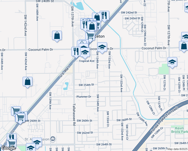 map of restaurants, bars, coffee shops, grocery stores, and more near 25163 Southwest 134th Court in Princeton