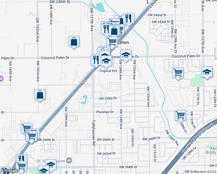 map of restaurants, bars, coffee shops, grocery stores, and more near 13500 Southwest 252nd Street in Homestead