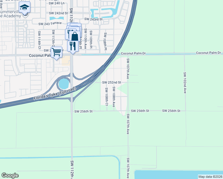 map of restaurants, bars, coffee shops, grocery stores, and more near 25240 Southwest 108th Avenue in Homestead