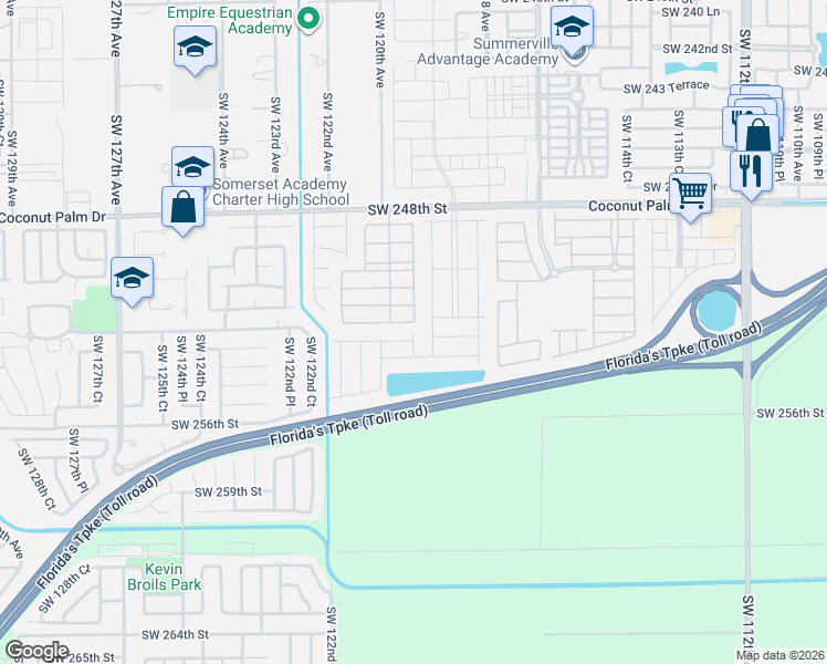 map of restaurants, bars, coffee shops, grocery stores, and more near 12000 Southwest 248th Terrace in Homestead