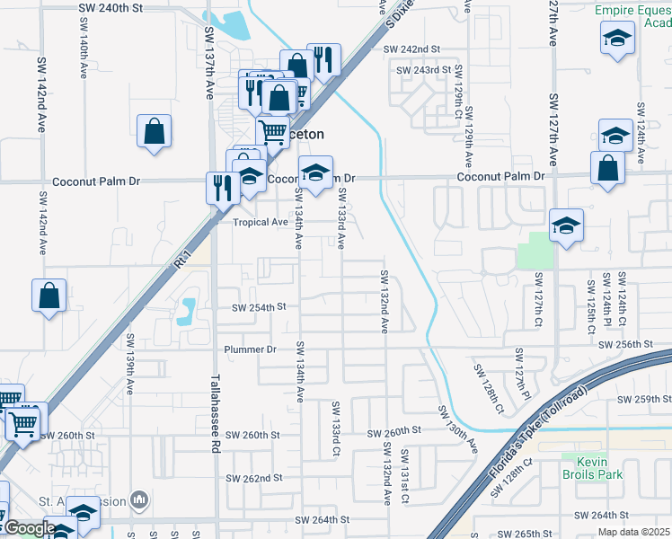 map of restaurants, bars, coffee shops, grocery stores, and more near 25197 Southwest 133rd Place in Homestead