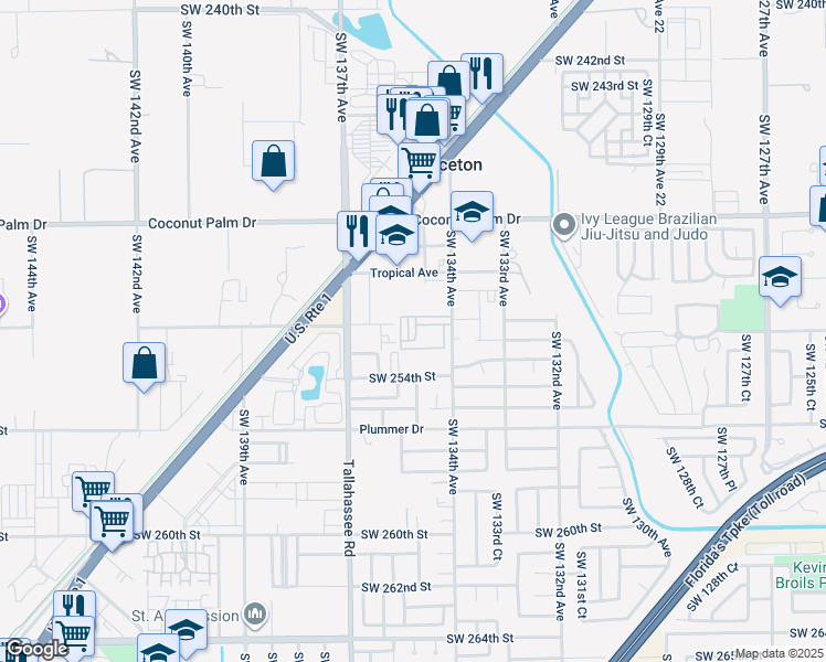map of restaurants, bars, coffee shops, grocery stores, and more near 13500 Southwest 252nd Street in Homestead
