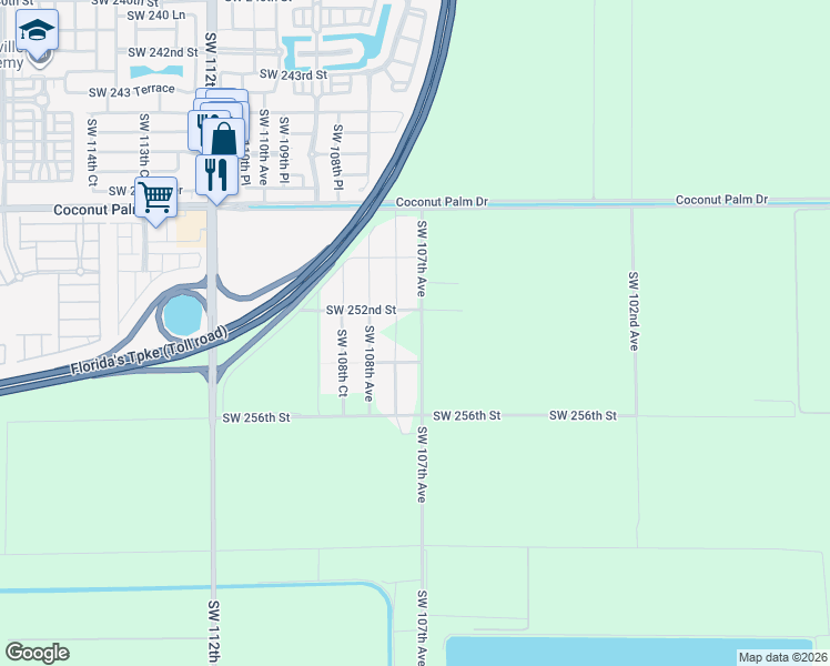 map of restaurants, bars, coffee shops, grocery stores, and more near 25194 Southwest 107th Avenue in Homestead