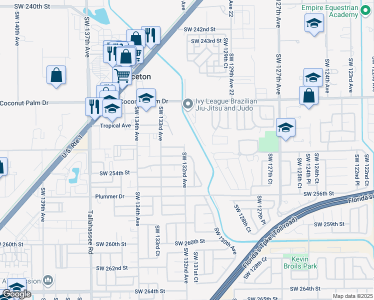 map of restaurants, bars, coffee shops, grocery stores, and more near 25225 Southwest 132nd Avenue in Homestead