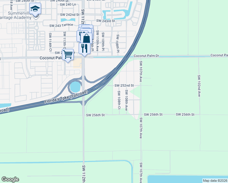 map of restaurants, bars, coffee shops, grocery stores, and more near 25159 Southwest 109th Avenue in Homestead