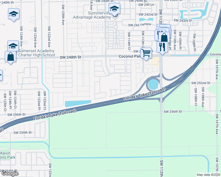 map of restaurants, bars, coffee shops, grocery stores, and more near 11553 Southwest 253rd Street in Homestead