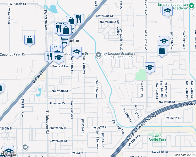 map of restaurants, bars, coffee shops, grocery stores, and more near 25225 Southwest 132nd Avenue in Homestead