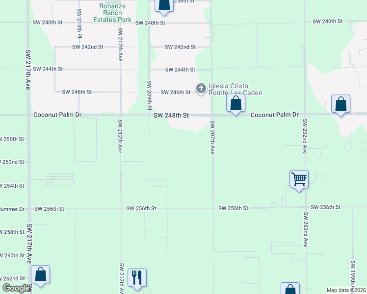 map of restaurants, bars, coffee shops, grocery stores, and more near 25055 Southwest 209th Avenue in Homestead