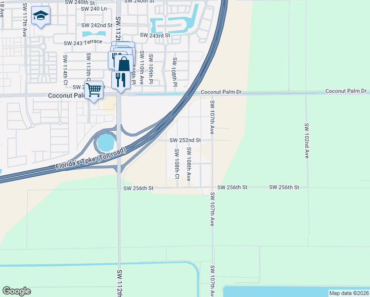map of restaurants, bars, coffee shops, grocery stores, and more near 25240 Southwest 108th Avenue in Homestead
