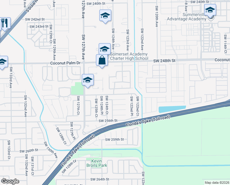 map of restaurants, bars, coffee shops, grocery stores, and more near 25252 Southwest 124th Avenue in Homestead