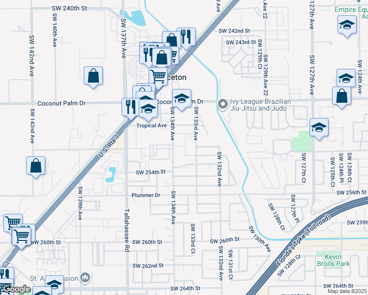 map of restaurants, bars, coffee shops, grocery stores, and more near 25197 Southwest 133rd Place in Homestead