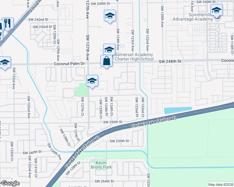 map of restaurants, bars, coffee shops, grocery stores, and more near 25252 Southwest 124th Avenue in Homestead